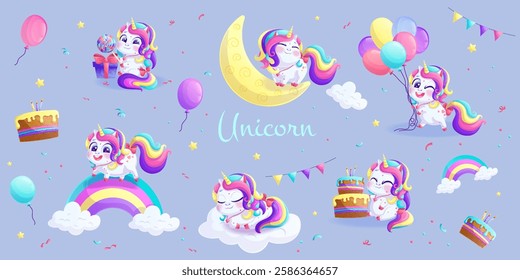 A set of cute unicorns in different poses with different accessories. A charming animal with a bright mane and a golden horn. Isolated vector illustration for design, prints and patterns.