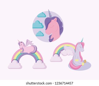 set of cute unicorns fairy tale