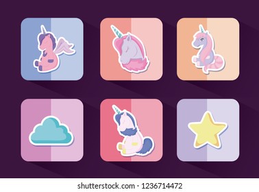 set of cute unicorns fairy tale