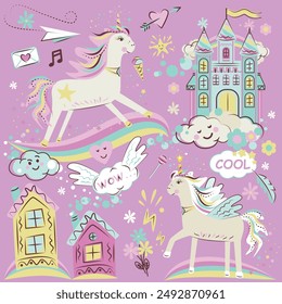 Set of cute unicorns and fairy-tale houses, vector illustration