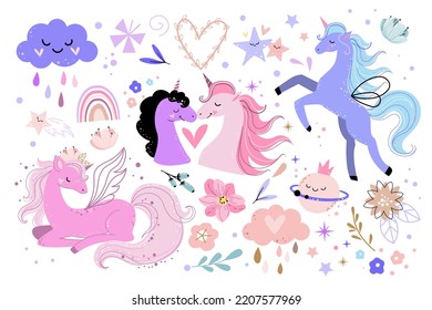 Set of cute unicorns, flowers, moon and stars. Vector cartoon illustration. T-shirt design for children