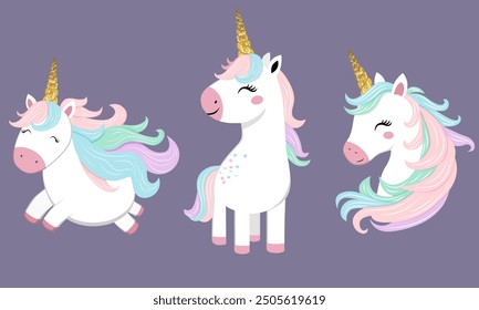 Conjunto de lindos unicornios con cuernos dorados. Conjunto de pegatinas de unicornio. Ilustración vectorial infantil