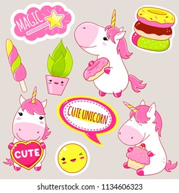 Set of cute unicorns in kawaii style. Unicorn with donut and cake, plant in flowerpot, magic wand, sticker with inscription magic, cute unicorns. EPS8