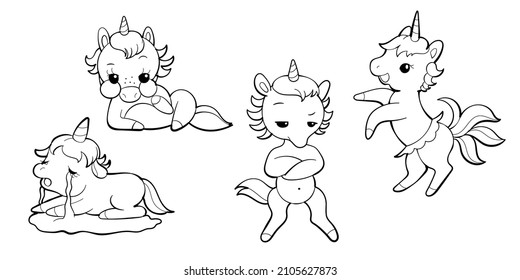 Set of cute unicorns in kawaii style. Cartoon pony sticker design. Vector emoji.