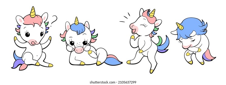 Set of cute unicorns in kawaii style. Cartoon pony sticker design. Vector emoji.