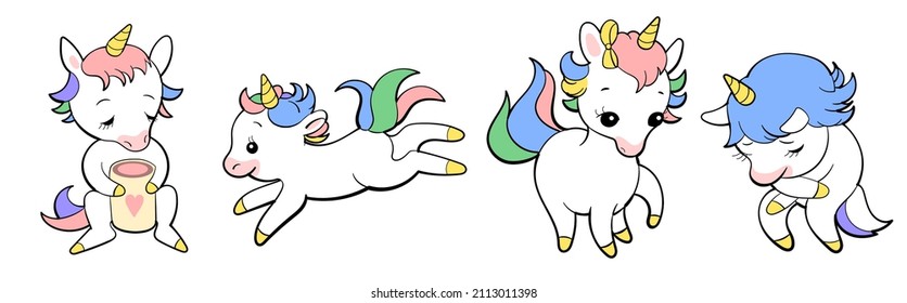Set of cute unicorns in kawaii style. Cartoon pony sticker design. Vector emoji.
