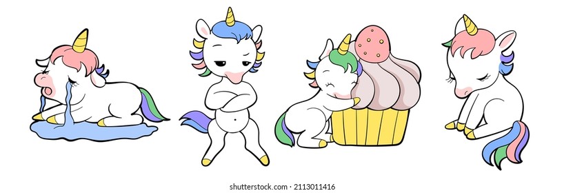 Set of cute unicorns in kawaii style. Cartoon pony sticker design. Vector emoji.