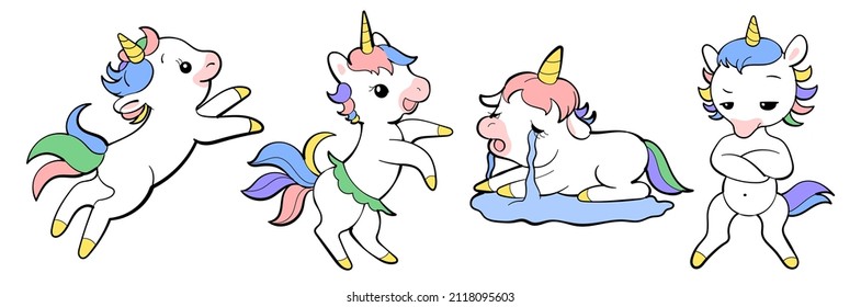 Set of cute unicorns in kawaii style. Cartoon pony sticker design. Vector emoji.