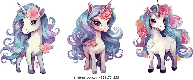 Set of cute unicorns with long hair and flowers. Vector illustration