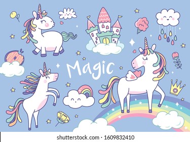 Set of cute unicorns and magical elements