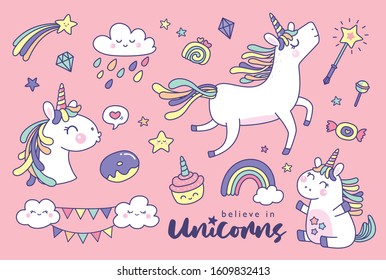 Set of cute unicorns and magical elements