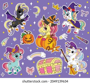 Set of cute unicorns with magical elements with a Halloween theme isolated on purple background. Vector illustration for stickers, party, print, wallpaper, design, decor, linen, cards and kids apparel