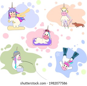 Set of cute unicorns. Unicorns on vacation enjoying free time.   