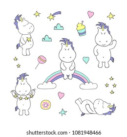 Set with cute unicorns on white background. Vector illustration.