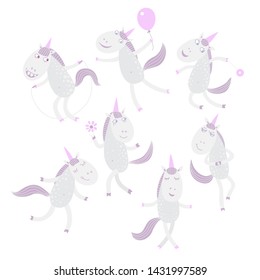 Set from cute unicorns on white background. Cartoon childish wallpaper, light print for baby girls, brochure cover with happy animals, coloring book page, doodle sketch