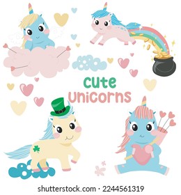 Set of cute unicorns on white background for kids fashion artworks, children books, birthday invitations, greeting cards, posters. Fantasy cartoon vector illustration. Vector file. 