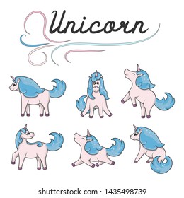 Set of cute unicorns. Picture for baby birthday invitation. Fancy magical illustration of a girlish fairy pony for kids.