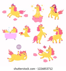 Set of cute unicorns playing, listening to music, relaxing in the bathroom.