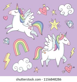 A set of cute unicorns with quirky elements like rainbows, stars and hearts. Vector illustration. 