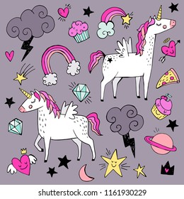 A set of cute unicorns with quirky elements like rainbows, stars and hearts. Vector illustration. 