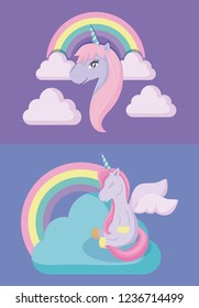 set cute unicorns with rainbow of fairy tale