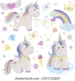 Conjunto de adorables unicornios con arcoiris, helados, corazones y otros elementos. Ilustración vectorial.