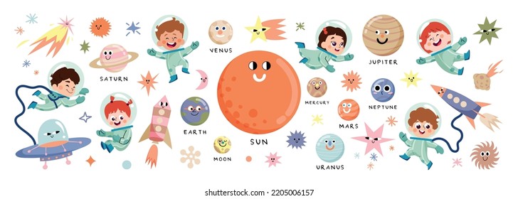 Set of cute universe planet element vector. Solar system with Sun, Mercury, Venus, Earth, Moon, Earth, Mars, Jupiter, Saturn, Uranus, Neptune and astronaut. Adorable space set for kids, education.