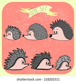 Set of cute unusual cartoon hedgehogs. Vector illustration.