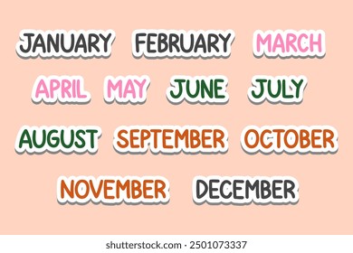 Conjunto de linda mano en mayúsculas dibujado del nombre del mes del año etiqueta engomada. Letras de mano mayúscula Vector de ilustración de calendario colorido EPS 10 Colección