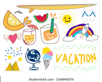 Set of cute vacation icon in doodle style