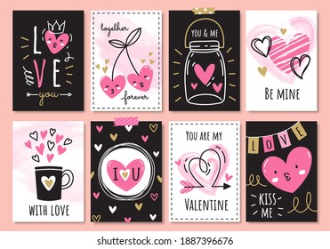 Set of cute valentine cards in doodle style.