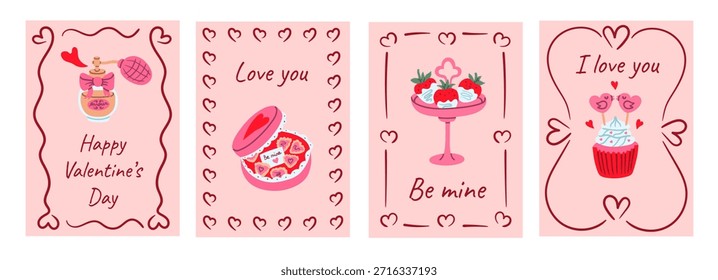 Conjunto de cartões de Dia dos Namorados bonitos com perfume, caixa de chocolate do coração, morangos mergulhados e cupcake de pombinho com mensagens românticas, perfeito para saudações imprimíveis e papelaria de férias doces.