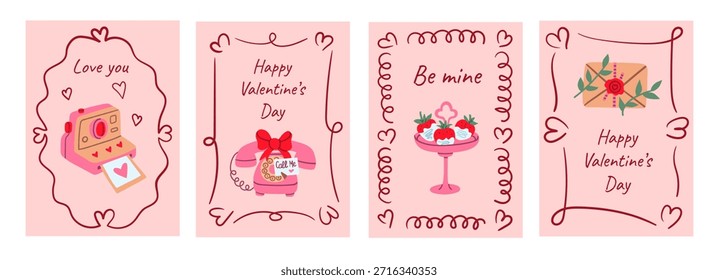 Set of cute Valentine cards featuring instant camera, rotary phone, chocolate strawberries, and sealed love letter with heart borders and romantic messages, perfect for printable greetings.