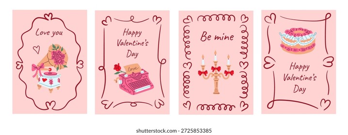 Set of cute Valentine cards featuring gramophone, typewriter, candelabra, cake with heart borders, romantic messages, perfect for printable greetings, party invitations, vintage-inspired stationery.