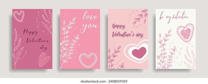 Set of cute Valentine cards with minimalistic style. Postcards with congratulations for Valentine's Day. Place for text. Vector.