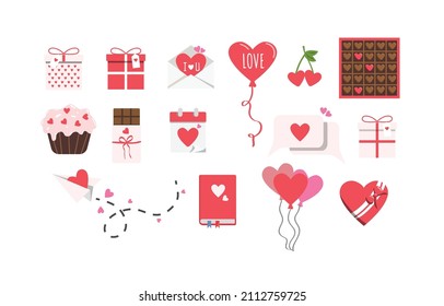 Set von süßen valentinischen Sammlungen, valentiner Element, Papier-Ebene bringen ein Herz, Schokolade, Kuchen, Geschenk, Umschlag, Kalender, Ballon, glücklicher valentiner Tag.