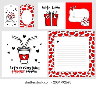 Set of cute Valentine day cards and tags with doodle elements. Love theme. Vector hand drawn illustration. Great for greeting, wish card, invitation, party decoration, wrapping design, print for app