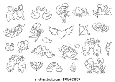 Set of cute Valentine day doodle elements. cupid angles, couples, penguins, swans and more. Vector illustration for banner and poster