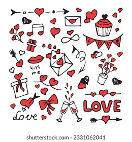 Set süße Valentinstag-Doodle-Elemente. Objekte für Konzept und Design. Herz, Schlüssel, Bogen, Süßigkeiten, Liebesbrief, Blumen, Vögel, Ballons und mehr auf weißem Hintergrund. 