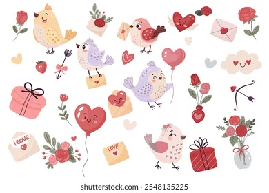 Set of cute Valentine day elements. Hearts, flowers, birds and more. Vector illustration for your design