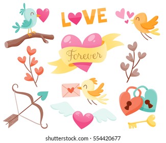 Set of cute Valentine day elements. Birds fall in love, hearts, love padlocks and more. Vector illustration for your design.
