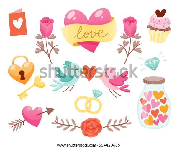 Set of cute\
Valentine day elements. Hearts, flowers, birds and more. Vector\
illustration for your\
design.