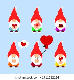 Set of Cute Valentine gnomes with letter, heart, balloon. Vector illustration. Template for greeting card, label, tag, print for clothes, mug, pillow, crafting, sticker. Cut file for craft.