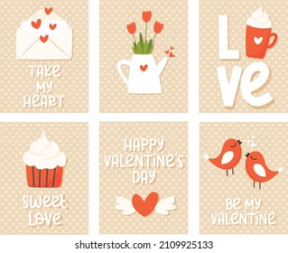 Set of cute Valentine greeting cards: flowers, envelope with hearts, cake, mug and bird couple. Valentine's day vector illustration