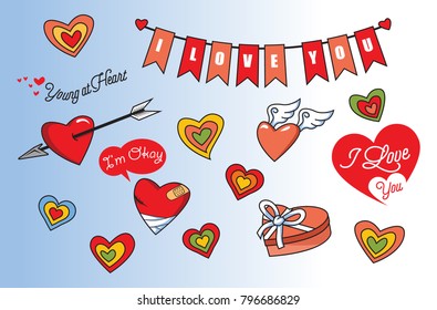 A set of cute valentine icon consist of various heart symbol, illustration and love related typograph