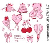 Set of cute Valentine s doodles - lots of coquette design elements with vintage silk bows. Teddy bear, wedding cake, cherry and strawberry with ribbons. Linear hand drawn vector illustration.