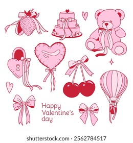 Set of cute Valentine s doodles - lots of coquette design elements with vintage silk bows. Teddy bear, wedding cake, cherry and strawberry with ribbons. Linear hand drawn vector illustration.