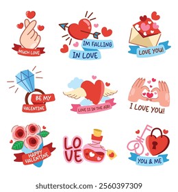Set of cute valentine sticker element vector