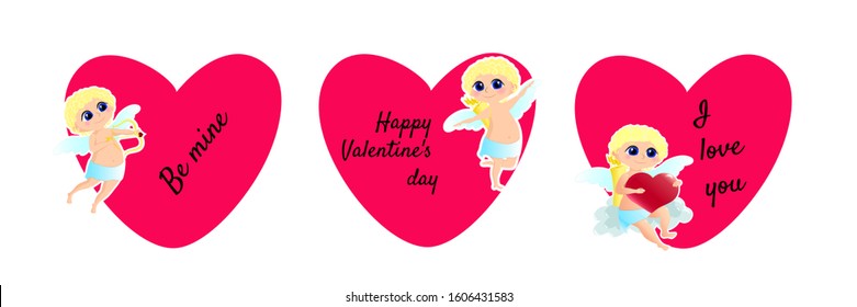 Set of cute valentines big red hearts and golden-haired Cupids in different poses: flies with a bow and arrow, dances and sits. Greeting elements for St. Valentine's Day in cartoon style.