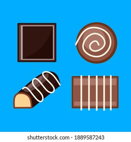 Un juego de chocolate de San Valentín. El chocolate y el chocolate negro con barra de chocolate, redondo y cuadrado. Ilustración del vector
